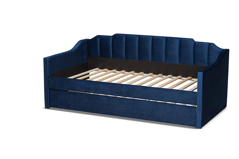 Naresh Modern and Contemporary Navy Blue Velvet Fabric Upholstered Twin Size Daybed w/Trundle