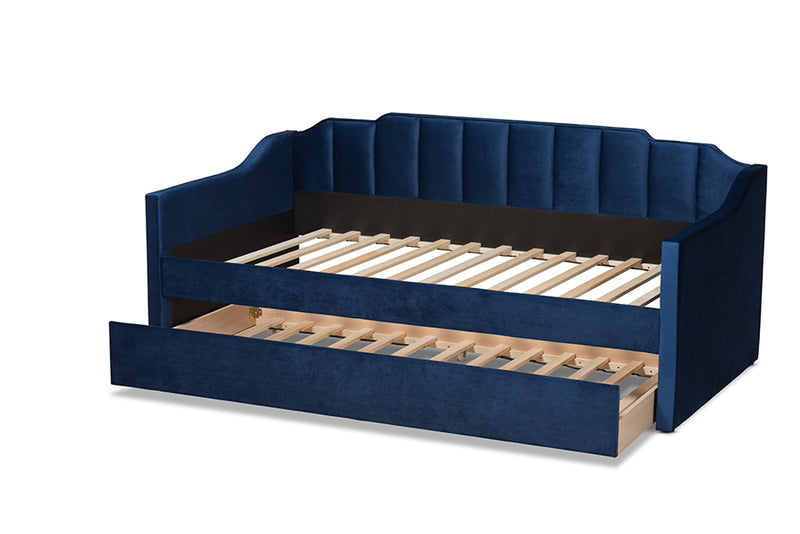 Naresh Modern and Contemporary Navy Blue Velvet Fabric Upholstered Twin Size Daybed w/Trundle