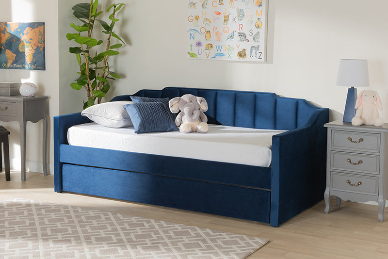 Naresh Modern and Contemporary Navy Blue Velvet Fabric Upholstered Twin Size Daybed w/Trundle