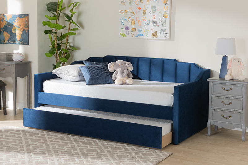 Naresh Modern and Contemporary Navy Blue Velvet Fabric Upholstered Twin Size Daybed w/Trundle