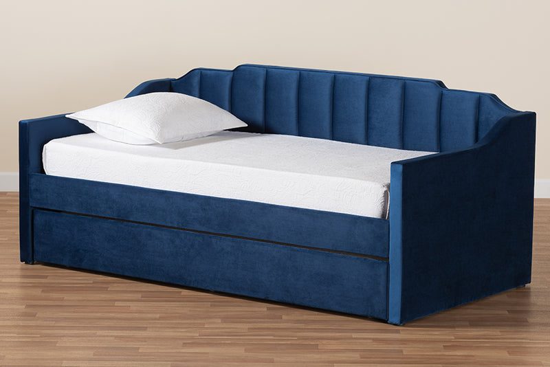 Naresh Modern and Contemporary Navy Blue Velvet Fabric Upholstered Twin Size Daybed w/Trundle