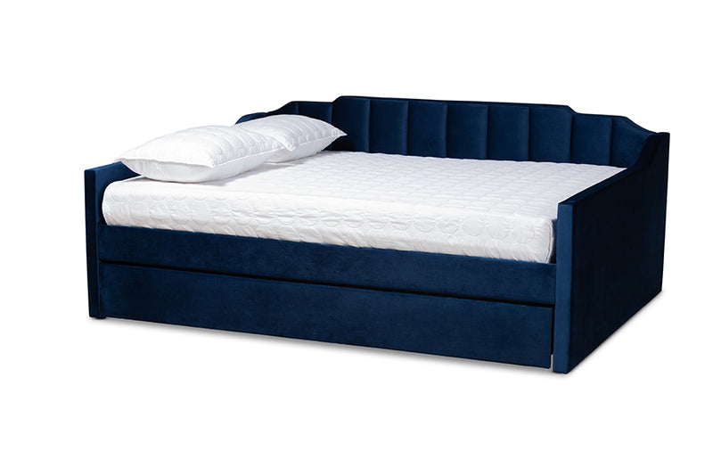 Naresh Modern and Contemporary Navy Blue Velvet Fabric Upholstered Full Size Daybed w/Trundle