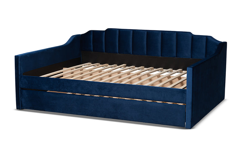 Naresh Modern and Contemporary Navy Blue Velvet Fabric Upholstered Full Size Daybed w/Trundle