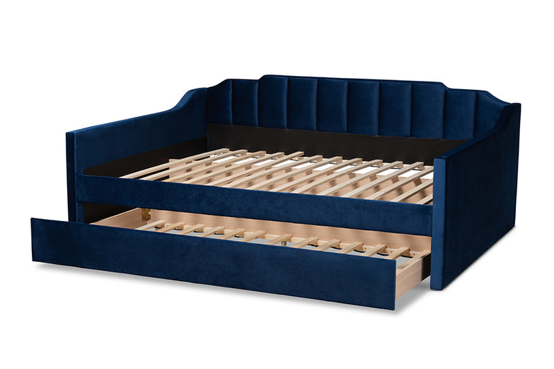 Naresh Modern and Contemporary Navy Blue Velvet Fabric Upholstered Full Size Daybed w/Trundle