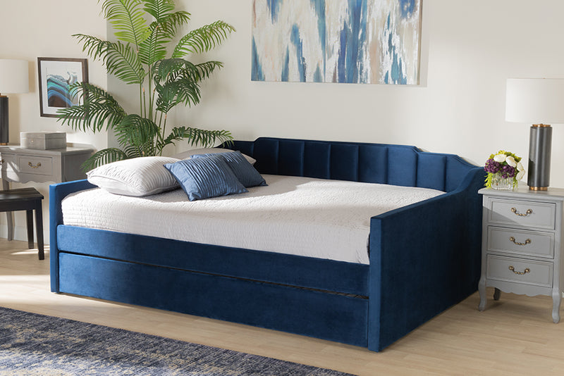 Naresh Modern and Contemporary Navy Blue Velvet Fabric Upholstered Full Size Daybed w/Trundle