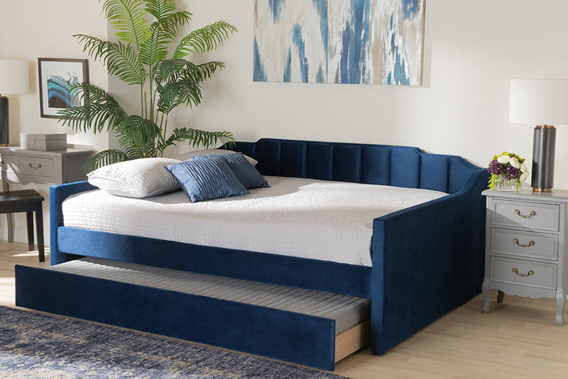 Naresh Modern and Contemporary Navy Blue Velvet Fabric Upholstered Full Size Daybed w/Trundle