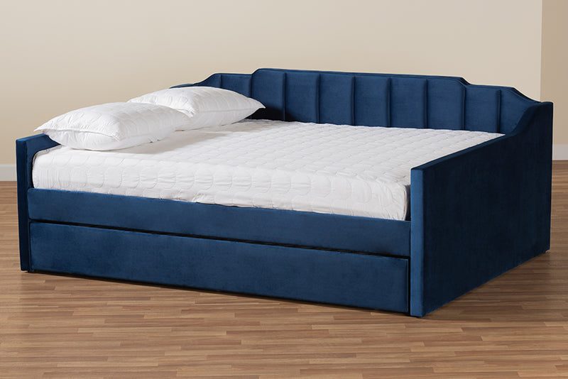 Naresh Modern and Contemporary Navy Blue Velvet Fabric Upholstered Full Size Daybed w/Trundle