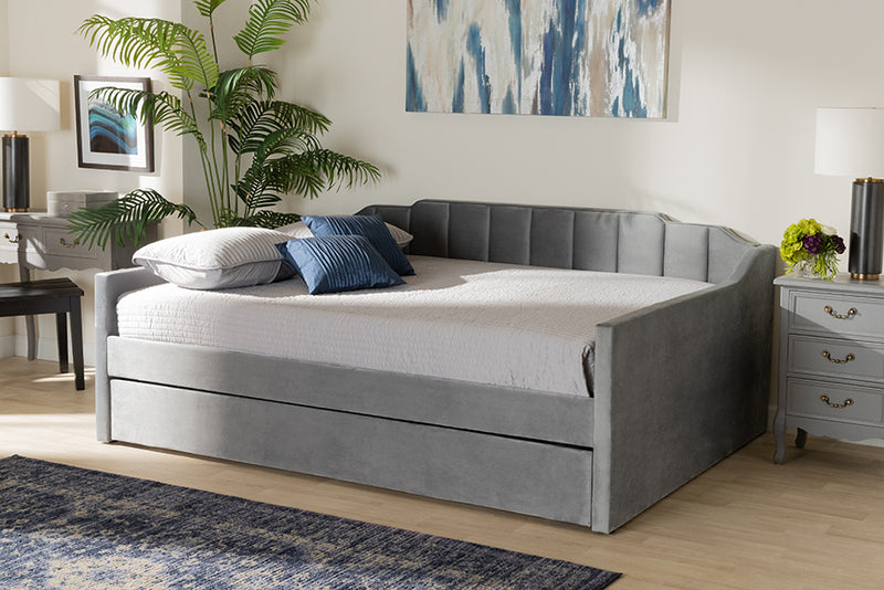 Naresh Modern and Contemporary Gray Velvet Fabric Upholstered Full Size Daybed w/Trundle