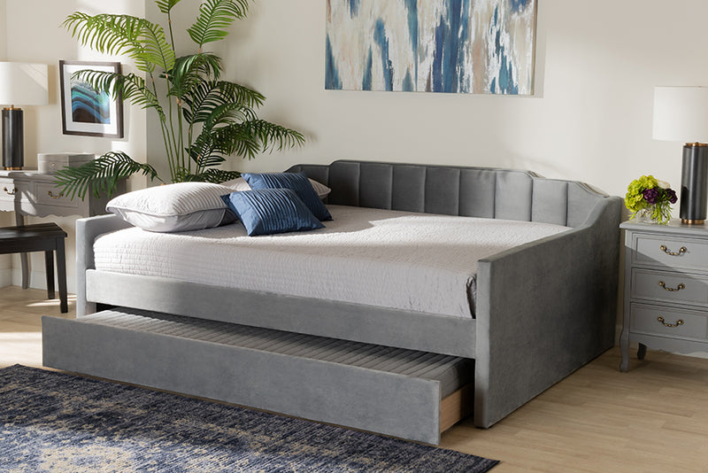 Naresh Modern and Contemporary Gray Velvet Fabric Upholstered Full Size Daybed w/Trundle