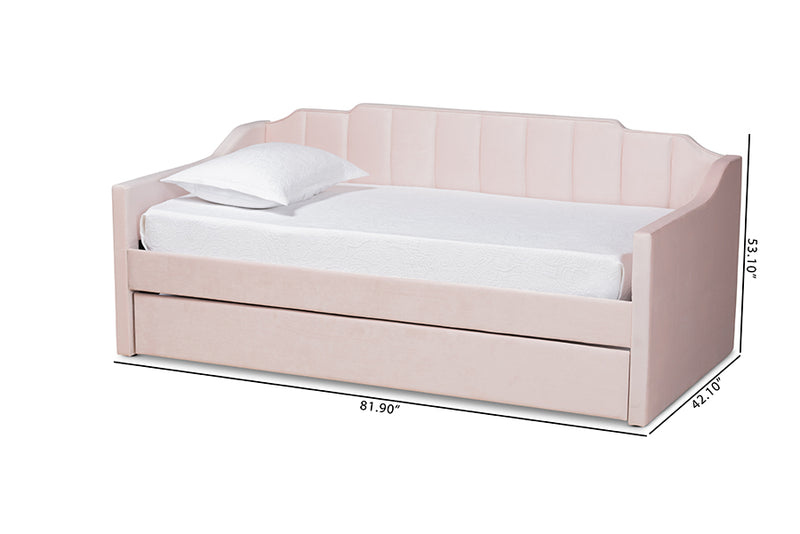 Naresh Modern and Contemporary Pink Velvet Fabric Upholstered Twin Size Daybed w/Trundle