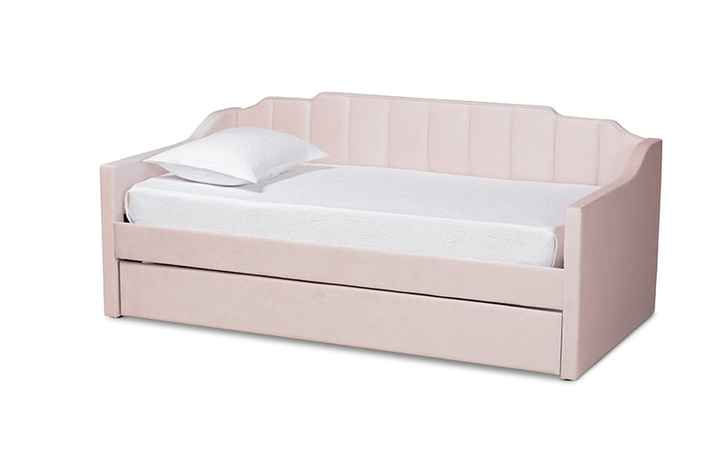 Naresh Modern and Contemporary Pink Velvet Fabric Upholstered Twin Size Daybed w/Trundle