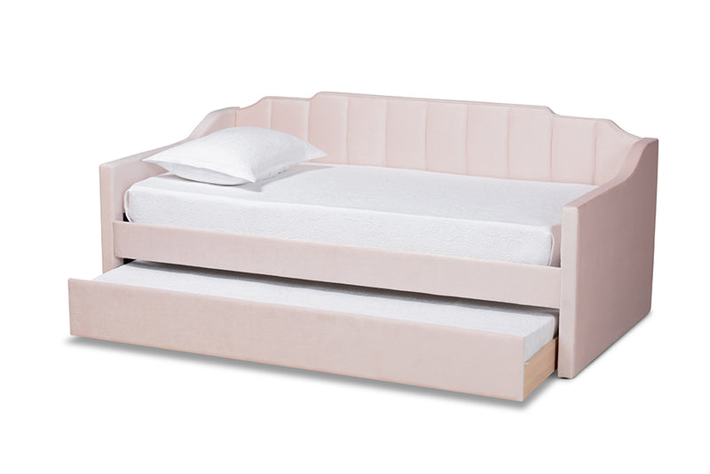 Naresh Modern and Contemporary Pink Velvet Fabric Upholstered Twin Size Daybed w/Trundle