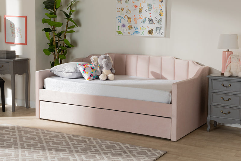 Naresh Modern and Contemporary Pink Velvet Fabric Upholstered Twin Size Daybed w/Trundle