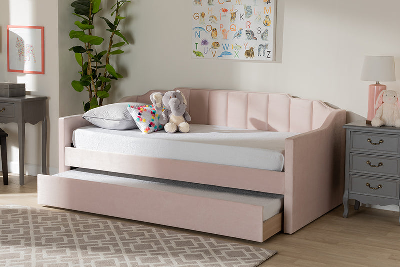 Naresh Modern and Contemporary Pink Velvet Fabric Upholstered Twin Size Daybed w/Trundle