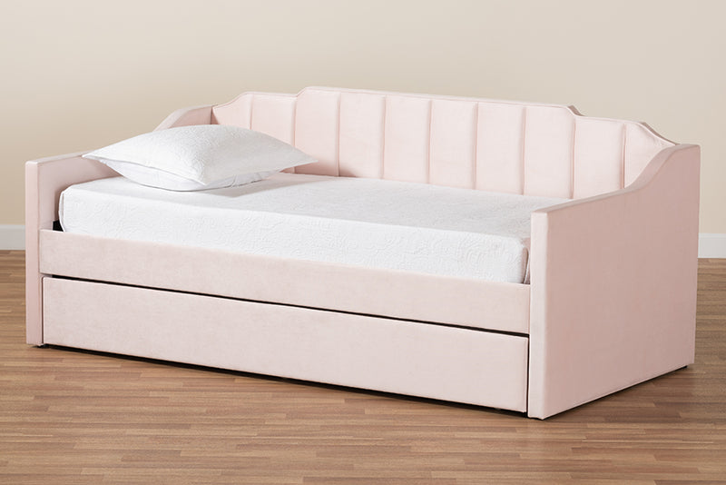 Naresh Modern and Contemporary Pink Velvet Fabric Upholstered Twin Size Daybed w/Trundle