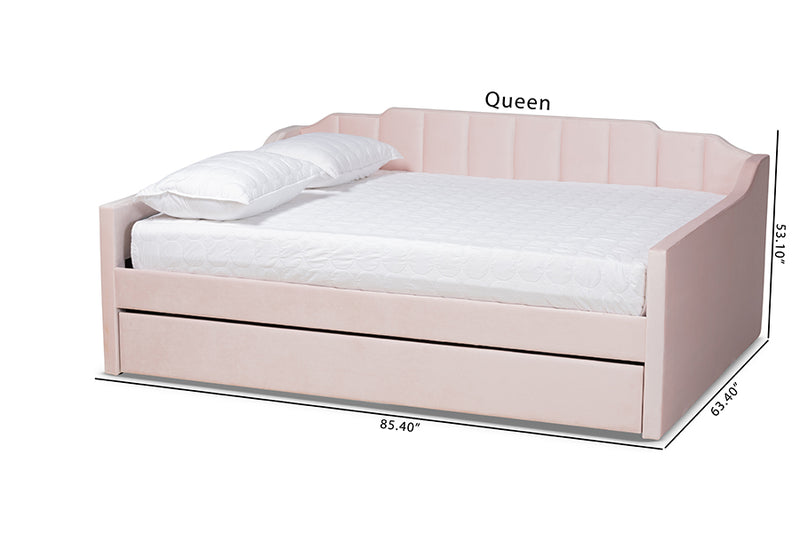 Naresh Modern and Contemporary Pink Velvet Fabric Upholstered Queen Size Daybed w/Trundle