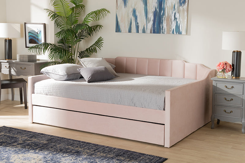 Naresh Modern and Contemporary Pink Velvet Fabric Upholstered Full Size Daybed w/Trundle