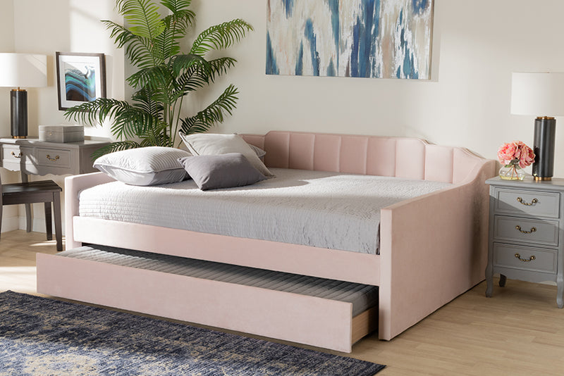 Naresh Modern and Contemporary Pink Velvet Fabric Upholstered Full Size Daybed w/Trundle