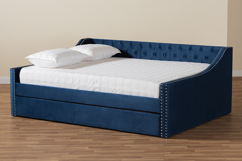 Andi Modern and Contemporary Navy Blue Velvet Fabric Upholstered Queen Size Daybed w/Trundle