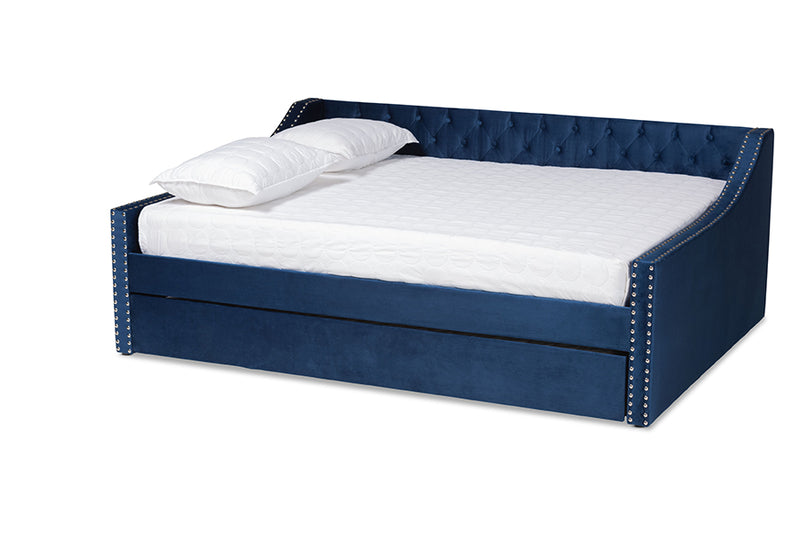 Andi Modern and Contemporary Navy Blue Velvet Fabric Upholstered Queen Size Daybed w/Trundle