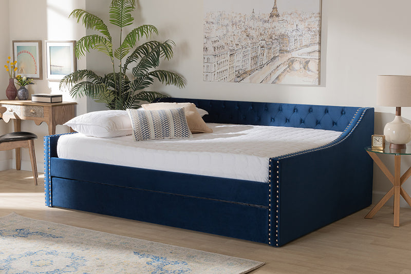 Andi Modern and Contemporary Navy Blue Velvet Fabric Upholstered Queen Size Daybed w/Trundle