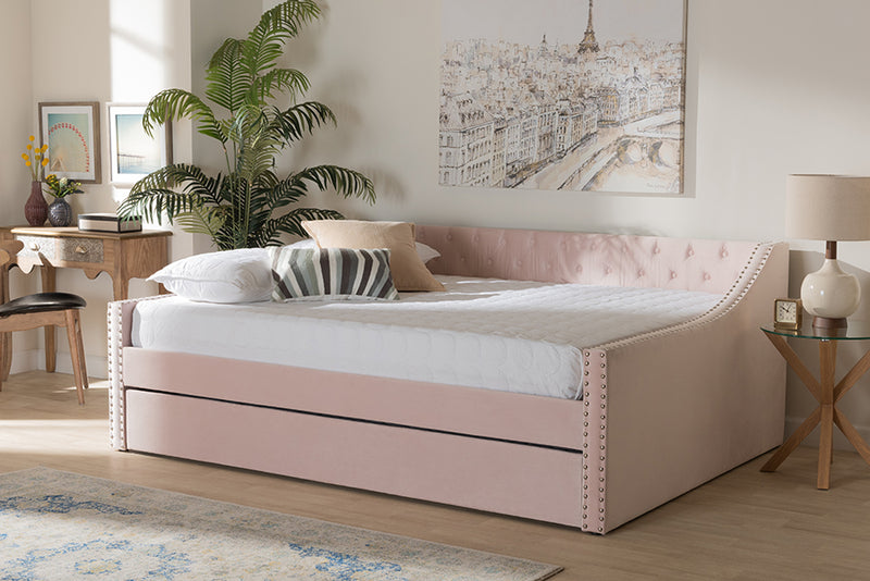 Andi Modern and Contemporary Pink Velvet Fabric Upholstered Full Size Daybed w/Trundle