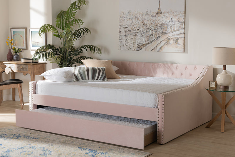 Andi Modern and Contemporary Pink Velvet Fabric Upholstered Full Size Daybed w/Trundle