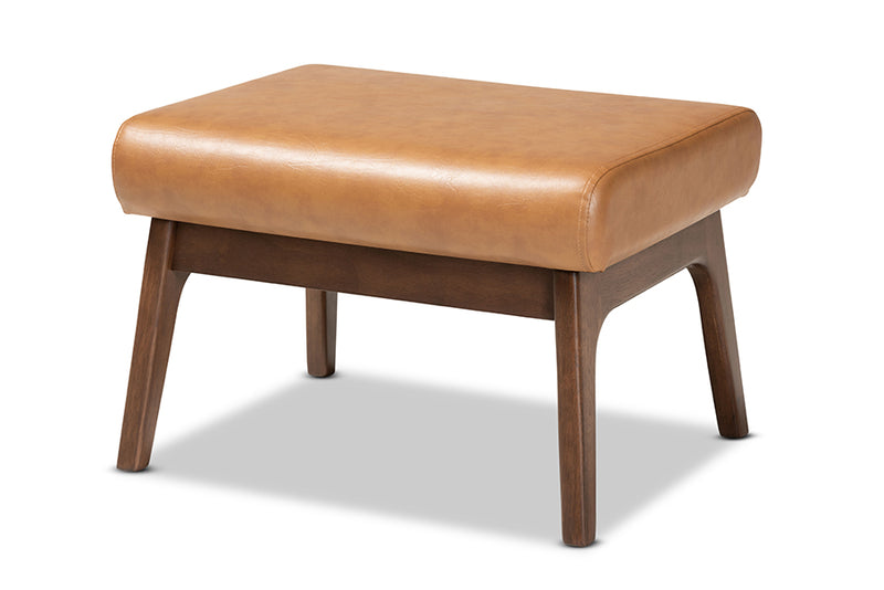 Netherlands Mid-Century Modern Walnut Brown Finished Wood and Tan Faux Leather Effect Ottoman