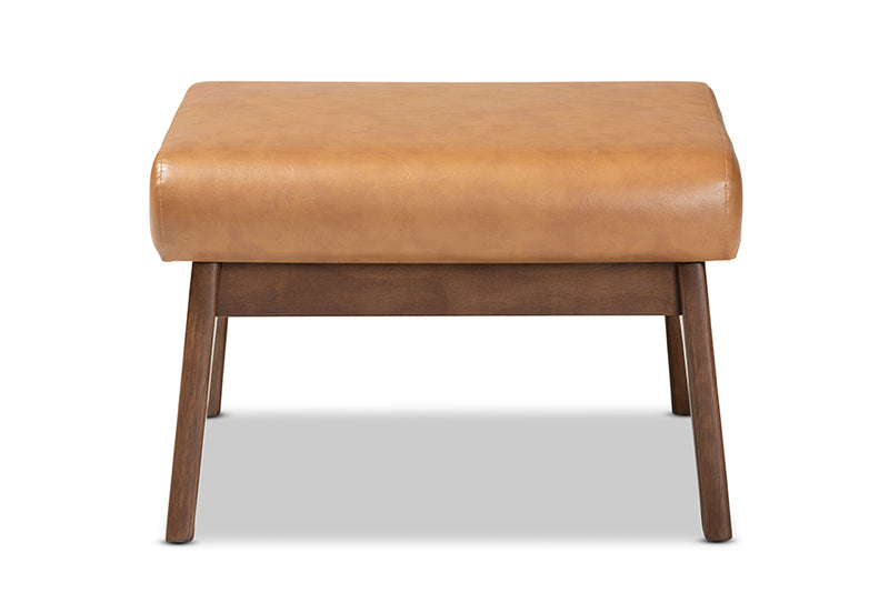 Netherlands Mid-Century Modern Walnut Brown Finished Wood and Tan Faux Leather Effect Ottoman