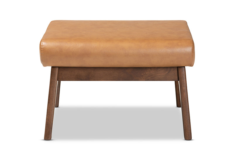 Netherlands Mid-Century Modern Walnut Brown Finished Wood and Tan Faux Leather Effect Ottoman