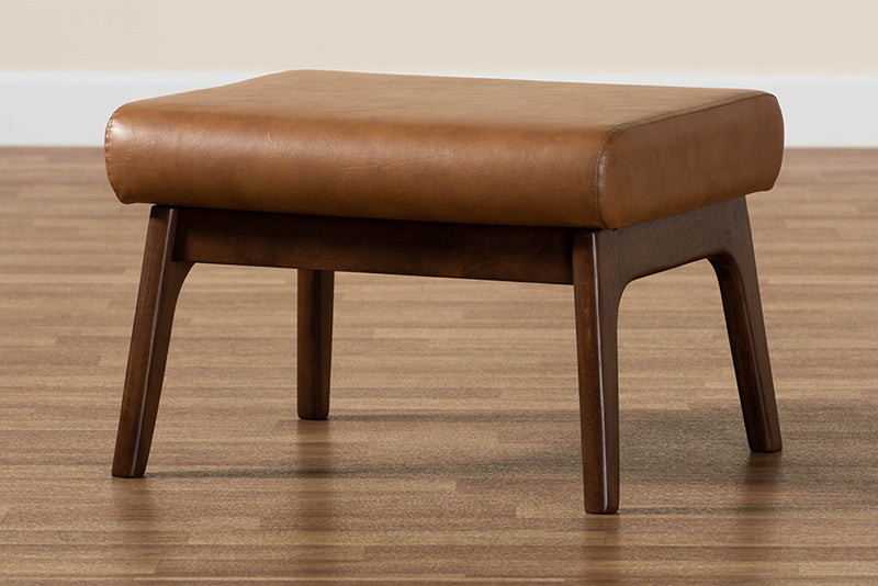 Netherlands Mid-Century Modern Walnut Brown Finished Wood and Tan Faux Leather Effect Ottoman