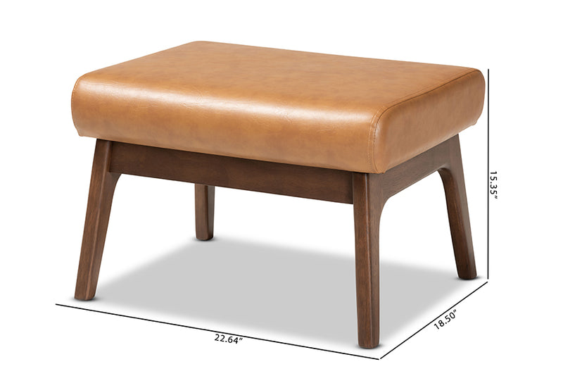 Netherlands Mid-Century Modern Walnut Brown Finished Wood and Tan Faux Leather Effect Ottoman