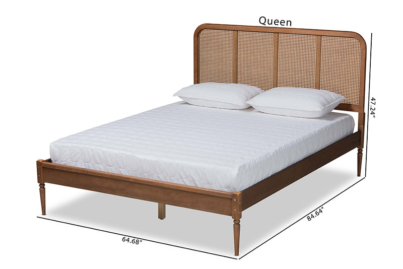 Millard Mid-Century Modern Walnut Brown Finished Wood and Synthetic Rattan Full Size Platform Bed