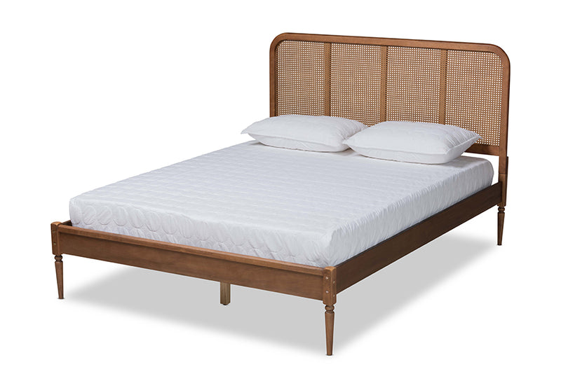 Millard Mid-Century Modern Walnut Brown Finished Wood and Synthetic Rattan Full Size Platform Bed