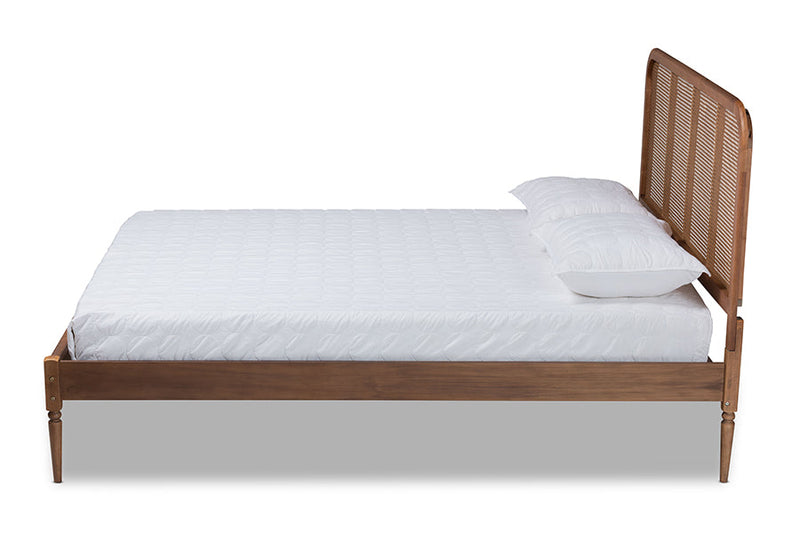 Millard Walnut Brown and Synthetic Rattan King Size Platform Bed Baxton