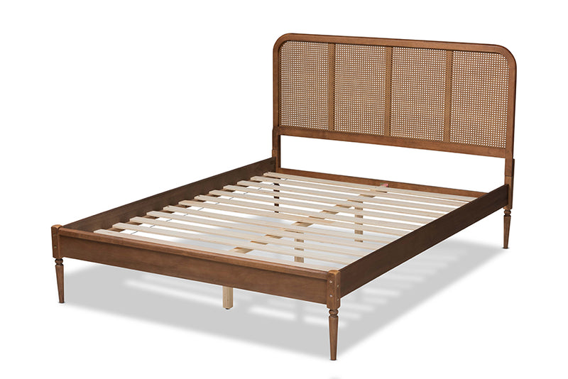 Millard Mid-Century Modern Walnut Brown Finished Wood and Synthetic Rattan Full Size Platform Bed