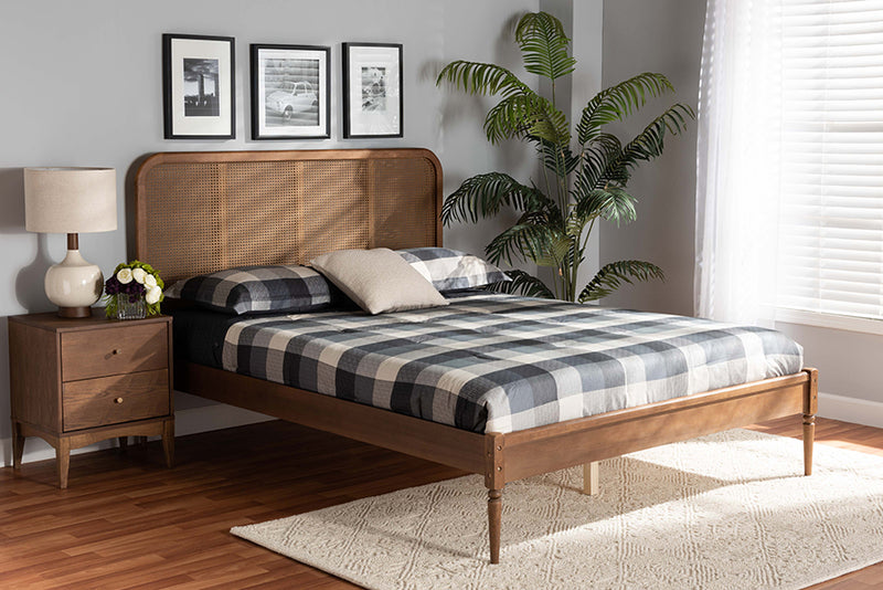 Millard Mid-Century Modern Walnut Brown Finished Wood and Synthetic Rattan Full Size Platform Bed