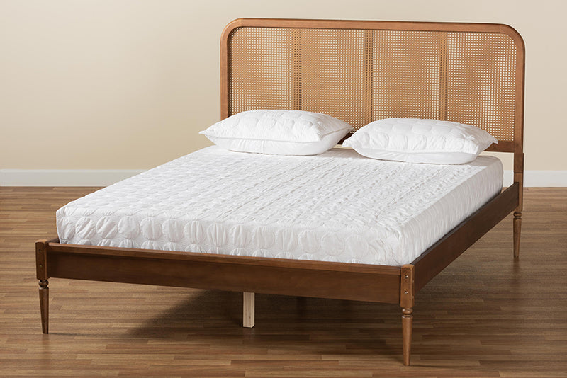 Millard Mid-Century Modern Walnut Brown Finished Wood and Synthetic Rattan Full Size Platform Bed