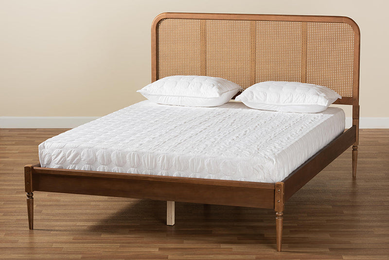 Millard Walnut Brown and Synthetic Rattan King Size Platform Bed Baxton