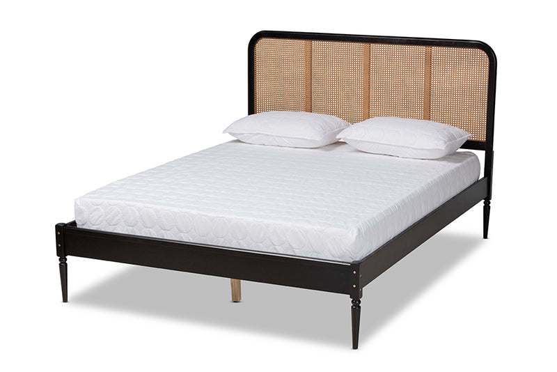 Millard Mid-Century Modern Charcoal Finished Wood and Synthetic Rattan Queen Size Platform Bed