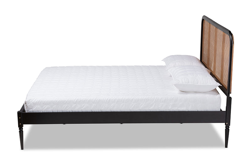 Millard Mid-Century Modern Charcoal Finished Wood and Synthetic Rattan Queen Size Platform Bed