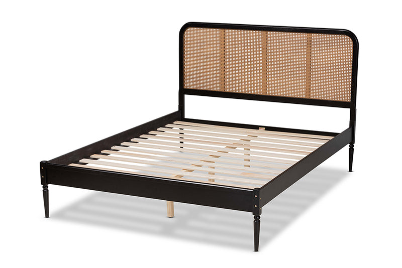 Millard Mid-Century Modern Charcoal Finished Wood and Synthetic Rattan Queen Size Platform Bed