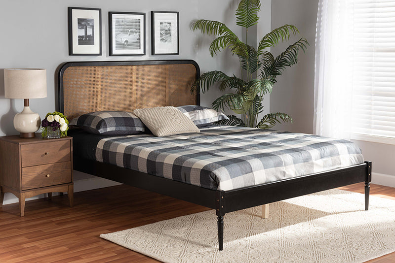 Millard Mid-Century Modern Charcoal Finished Wood and Synthetic Rattan Queen Size Platform Bed