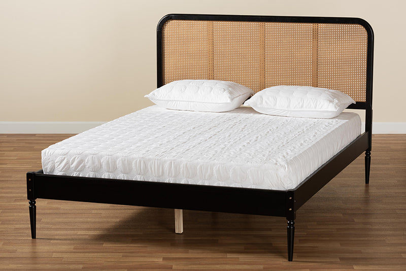 Millard Mid-Century Modern Charcoal Finished Wood and Synthetic Rattan Queen Size Platform Bed