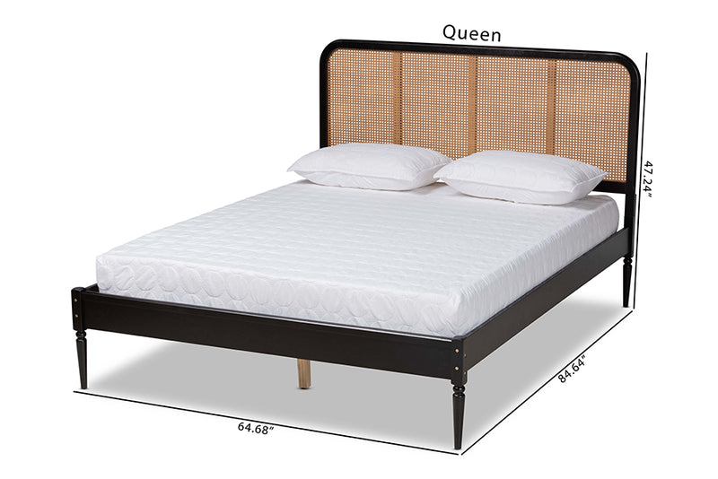 Millard Mid-Century Modern Charcoal Finished Wood and Synthetic Rattan Queen Size Platform Bed