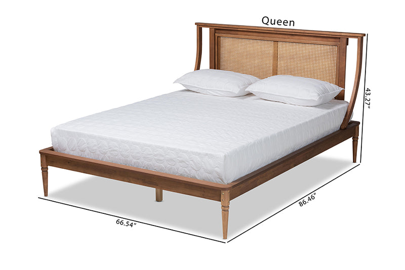 Disa Modern Transitional Walnut Brown Finished Wood and Synthetic Rattan Queen Size Platform Bed