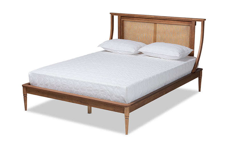 Disa Modern Transitional Walnut Brown Finished Wood and Synthetic Rattan Full Size Platform Bed