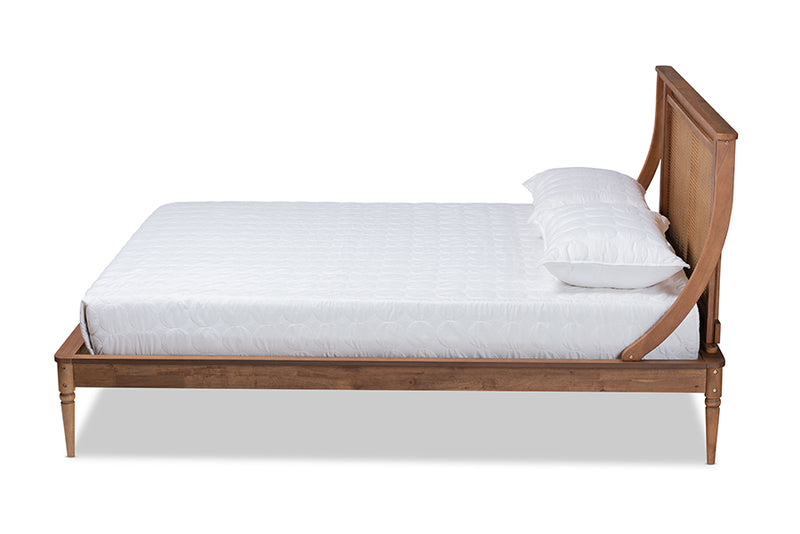 Disa Modern Transitional Walnut Brown Finished Wood and Synthetic Rattan Queen Size Platform Bed