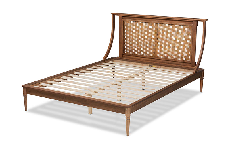 Disa Modern Transitional Walnut Brown Finished Wood and Synthetic Rattan Full Size Platform Bed