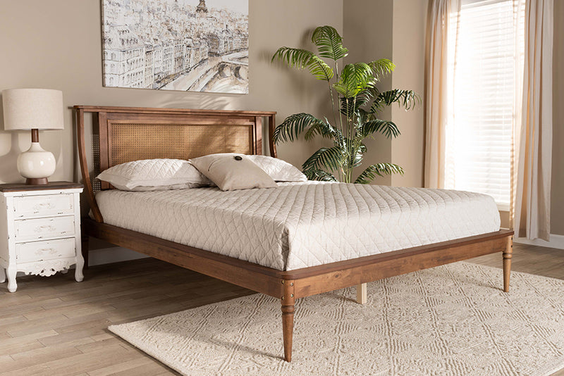 Disa Modern Transitional Walnut Brown Finished Wood and Synthetic Rattan Queen Size Platform Bed